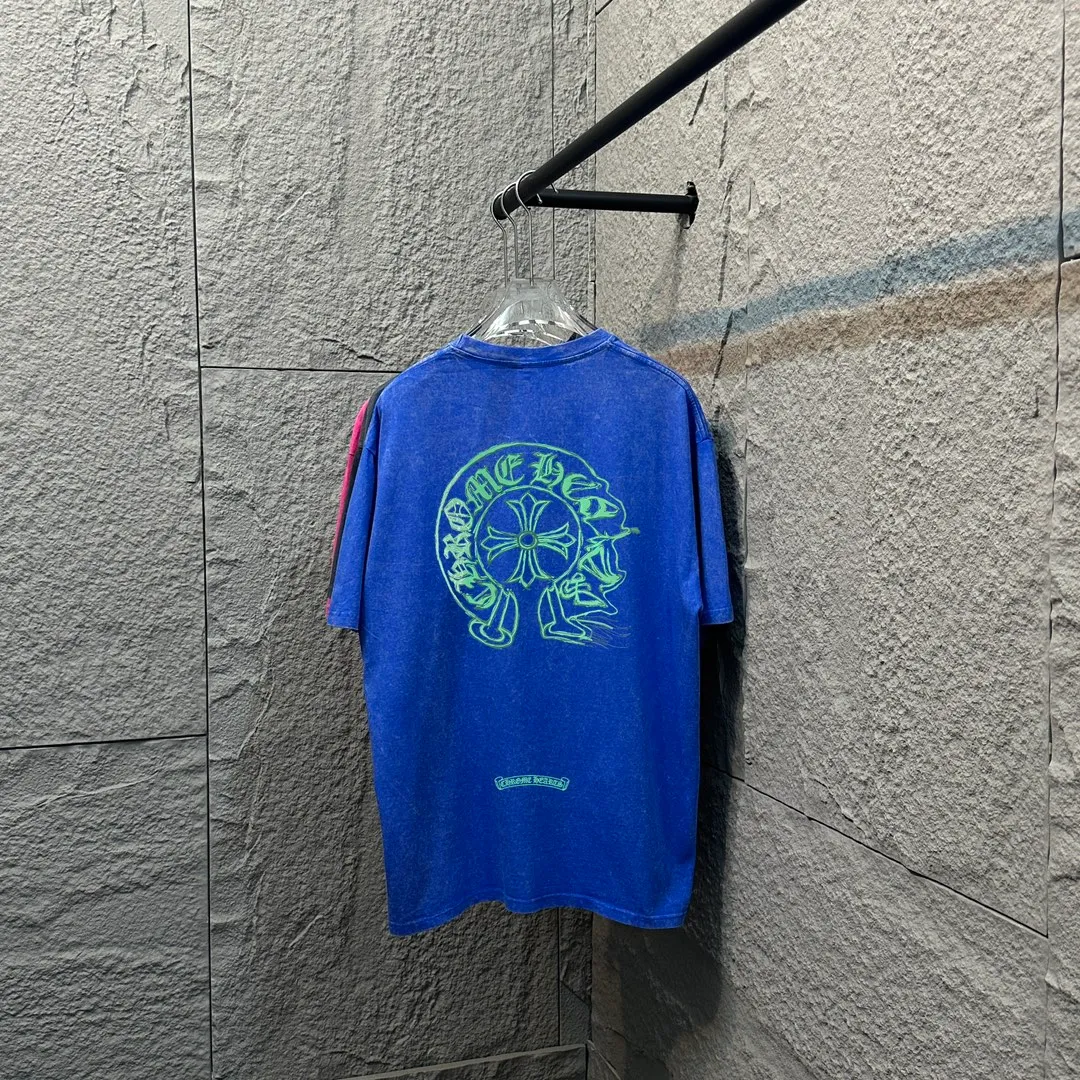 🅿️180 CH* Crow Heart* 2025 spring and summer new style Snowflake distressed washed retro round neck short sleeves Chest and front logo Horseshoe print Customized fabric Short-sleeved T-shirt Unisex Size: S M L XL XXL Color: Snowflake Black Snowflake Gray Snowflake Pink Snowflake Blue